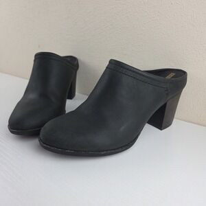 Clarks Enfield Sandy Mules Block Heel Black Leather Slip On Shoes Womens Size 8W